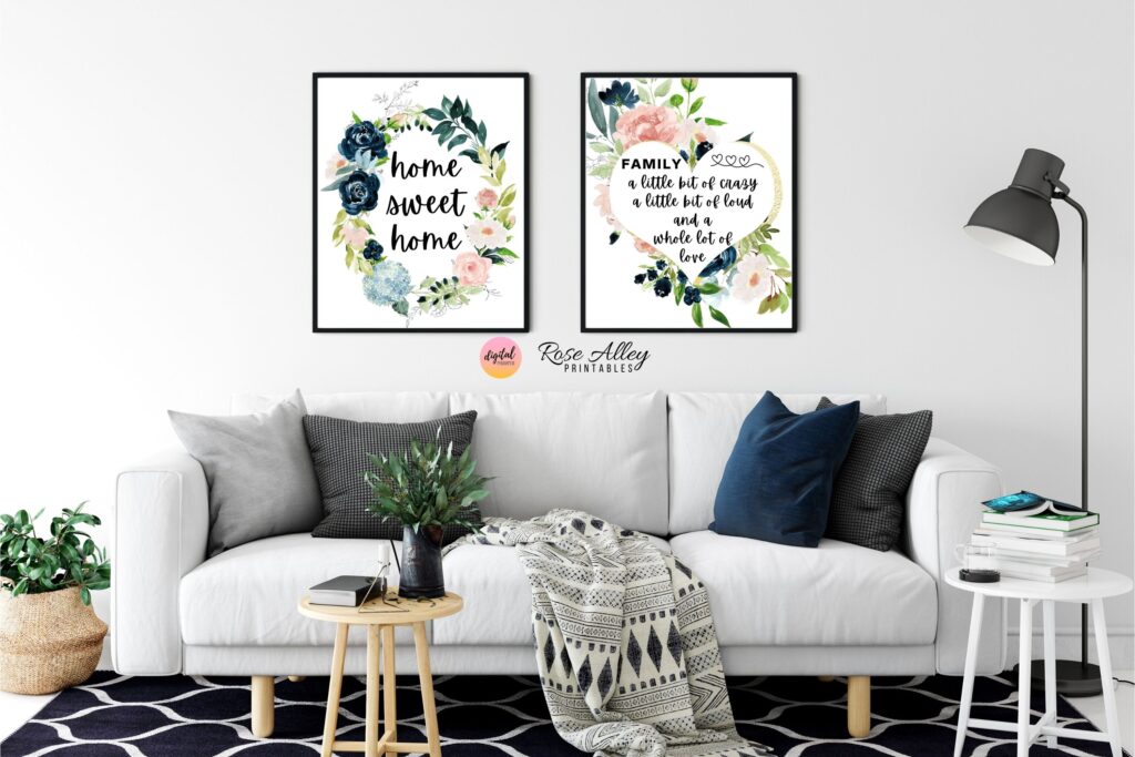 Typography Print, Wall Decor, Home Sweet Home, Floral Wall Art