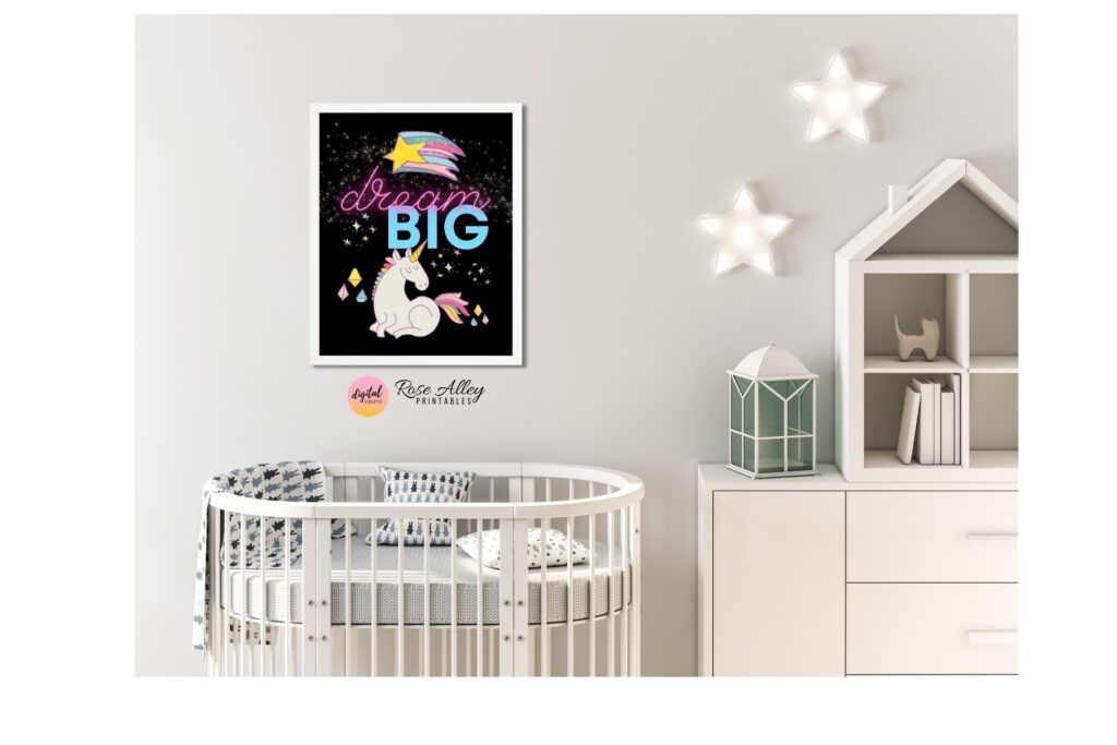 Nursery Unicorn Decor, Quote Print, Girls Bedroom Prints, Dream Big Wall Art