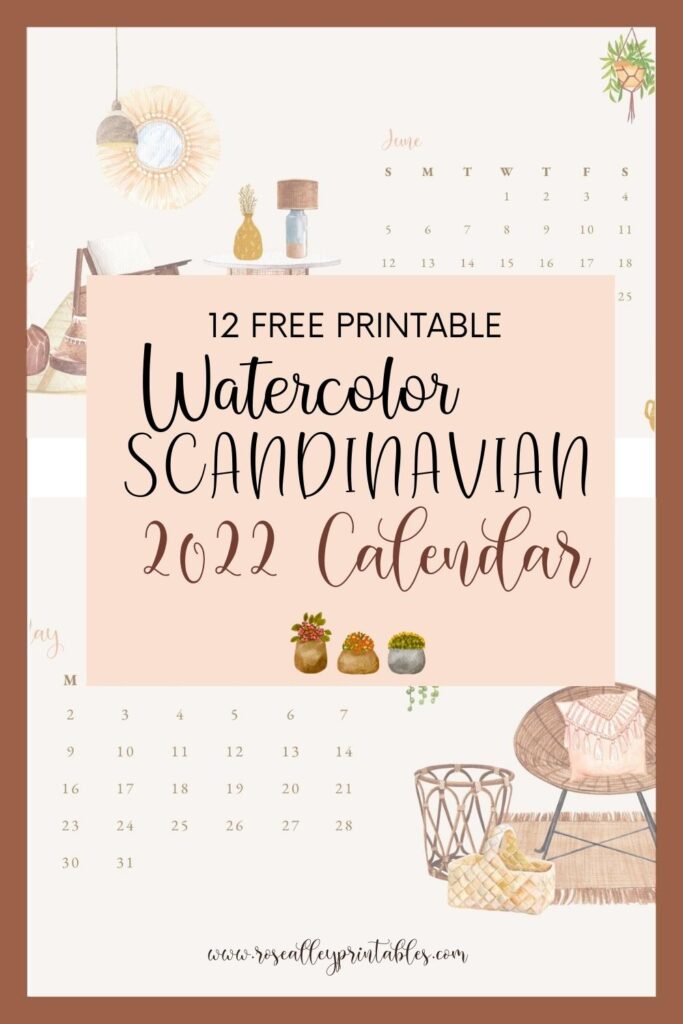 12 Free Printable Watercolor Scandinavian 2022 Calendar
