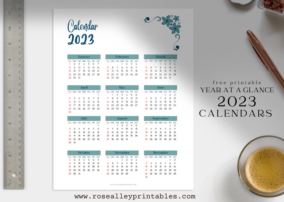 Free Printable 2023 Blue Green Year At A Glance Calendar