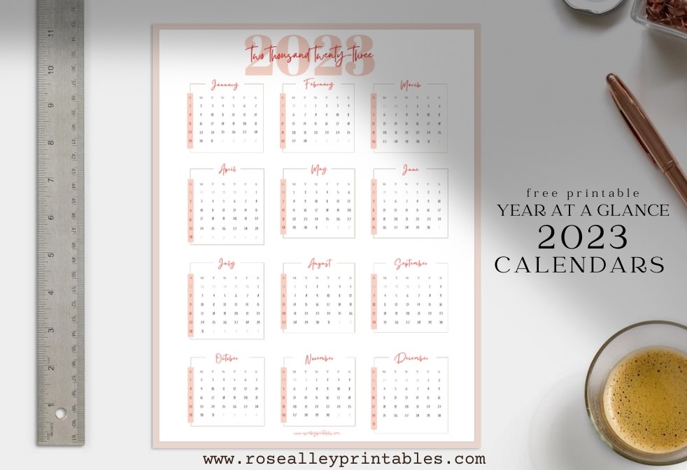 Free Printable 2023 Soft Pink Minimalist Year At A Glance Calendar