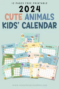 12 Pages Free Printable 2024 Cute Animals Kids Calendar